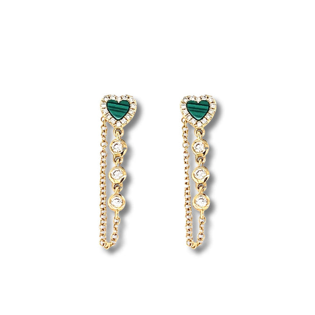 14k Yellow gold Malachite Heart Chain Drop Earrings - Lexie Jordan Jewelry