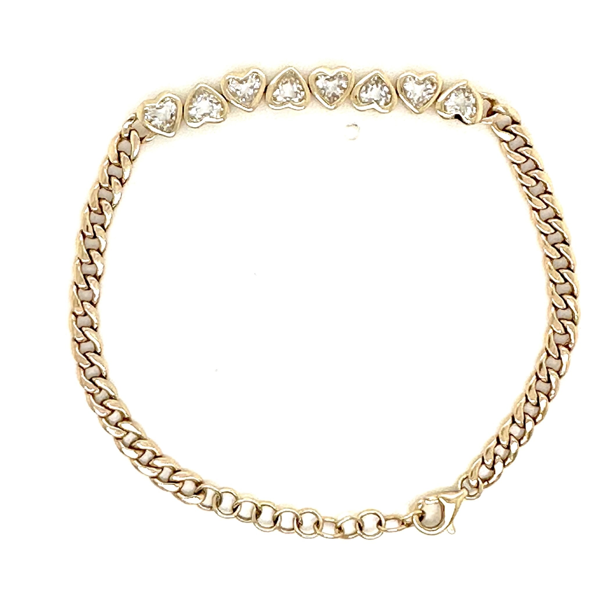 14k Yellow Gold White Topaz Heart With Cuban Link Chain Bracelet - Lexie Jordan Jewelry
