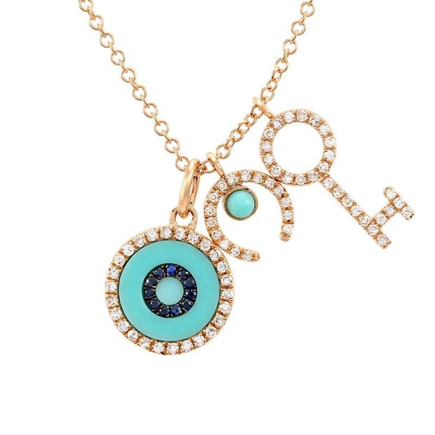 14K Pave Diamond, Horseshoe, Evil eye, and Key Necklace - Lexie Jordan Jewelry