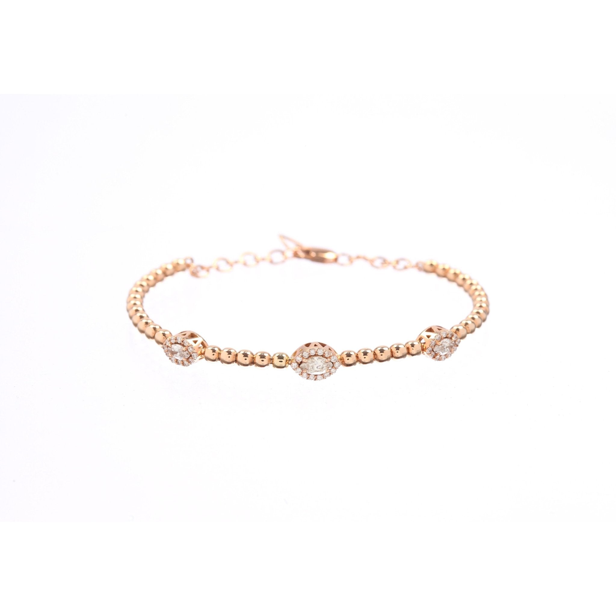 14kt Rose Gold Beaded Bracelet with Three Oval Diamond Stations - Lexie Jordan Jewelry