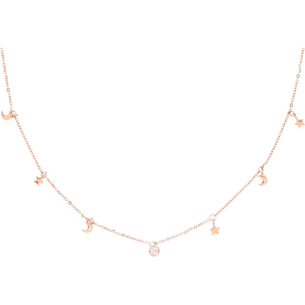 14kt Rose Gold Dangling Moon and Star Necklace with Diamond Bezel - Lexie Jordan Jewelry