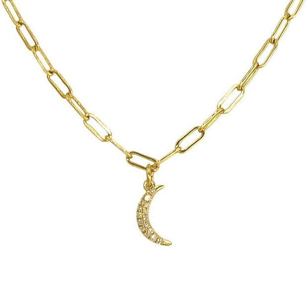 Crescent Moon Necklace Micro-Pave Diamonds 14K Gold - Lexie Jordan Jewelry