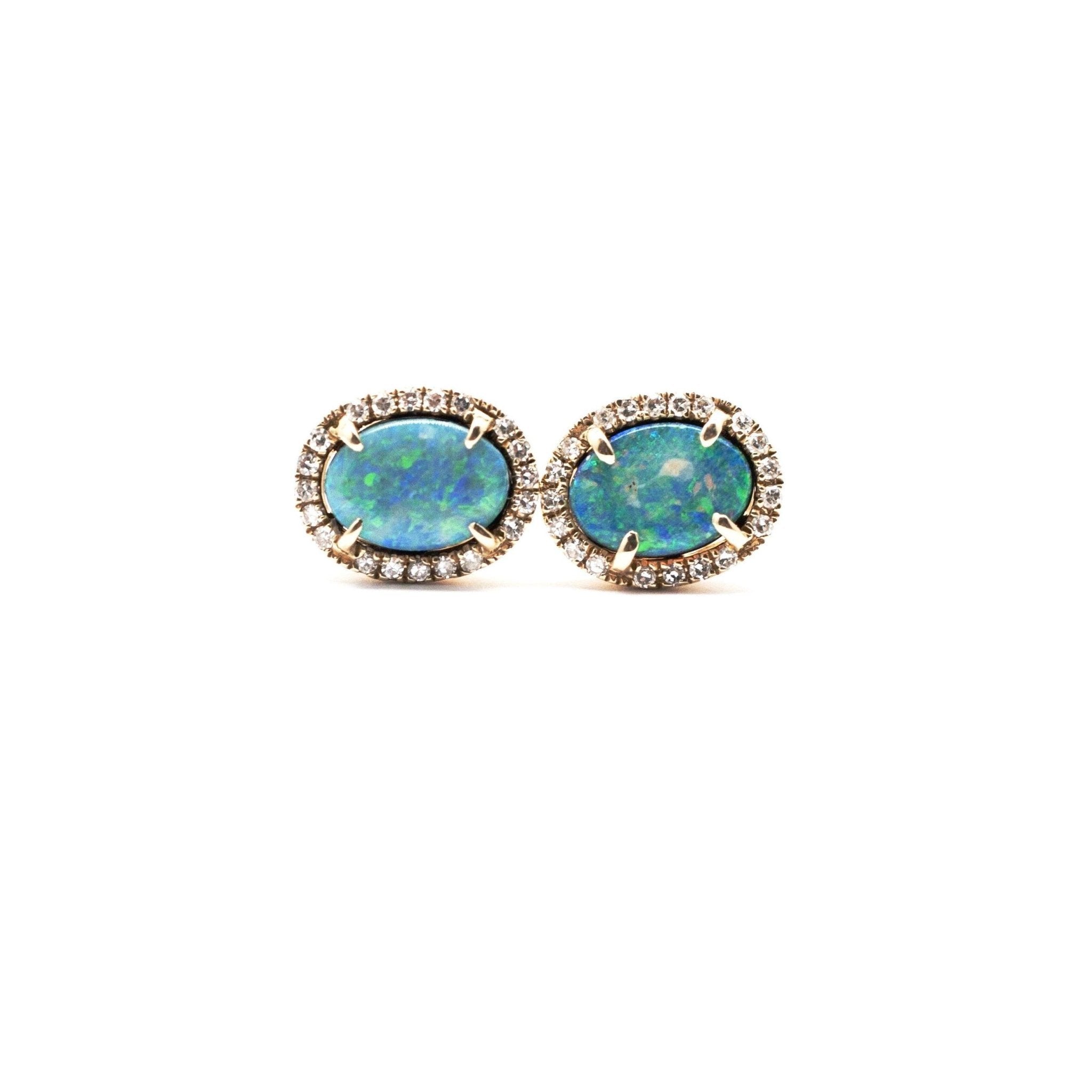 Fire Opal Stud Earrings | 14K Gold | Pave Diamonds - Lexie Jordan Jewelry