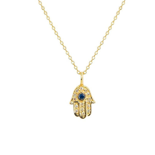 Lucky Hamsa Necklace | Gold | Sapphire and Pave Diamonds - Lexie Jordan Jewelry