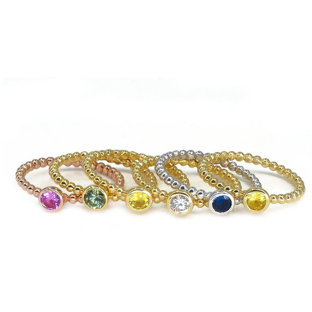 Round Bezel Set Sapphire Ring | 18K Gold | Beaded Band - Lexie Jordan Jewelry