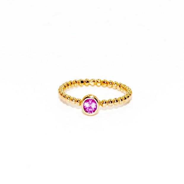 Round Bezel Set Sapphire Ring | 18K Gold | Beaded Band - Lexie Jordan Jewelry
