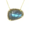 Blue Cabochon Labradorite Necklace | Diamond Surround | 14K